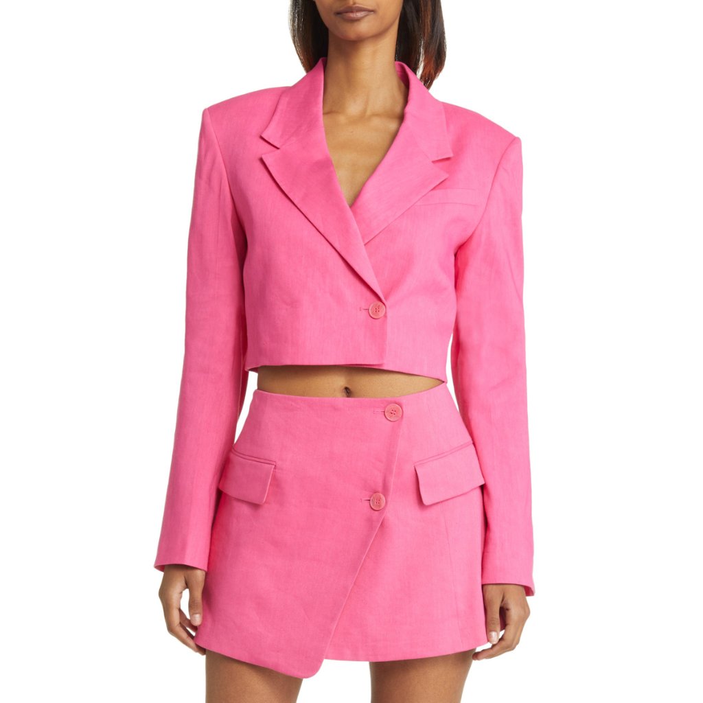 Frame Cropped Strong Shoulder Linen Blazer In Flamingo